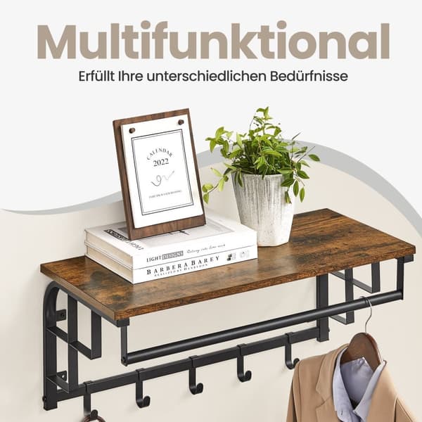 Rootz Wall Garderobe med hylde - vægmonteret hængende hylde - hængende bar - pladsbesparelse - 66 cm x 27 cm x 30 cm