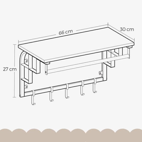 Rootz Wall Garderobe med hylde - vægmonteret hængende hylde - hængende bar - pladsbesparelse - 66 cm x 27 cm x 30 cm