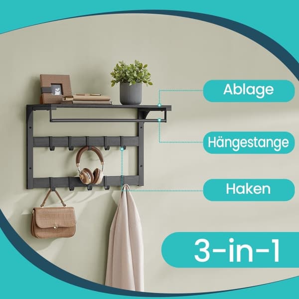 Rootz Wall Garderobe - Væghylde - 10 Aftagelige kroge - Effektiv opbevaringsløsning - 30 cm x 65 cm x 42 cm