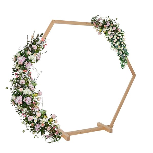 Bröllopsceremonibåge, hexagonalt design, träkonstruktion, ljusgul