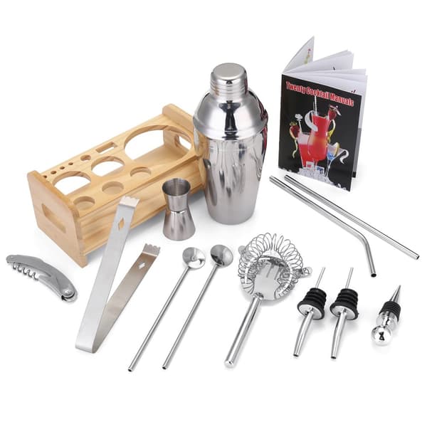 12 STK Cocktail Maker Sæt, Cocktail Shaker Mixer, Bartender Kit med Træ Stand