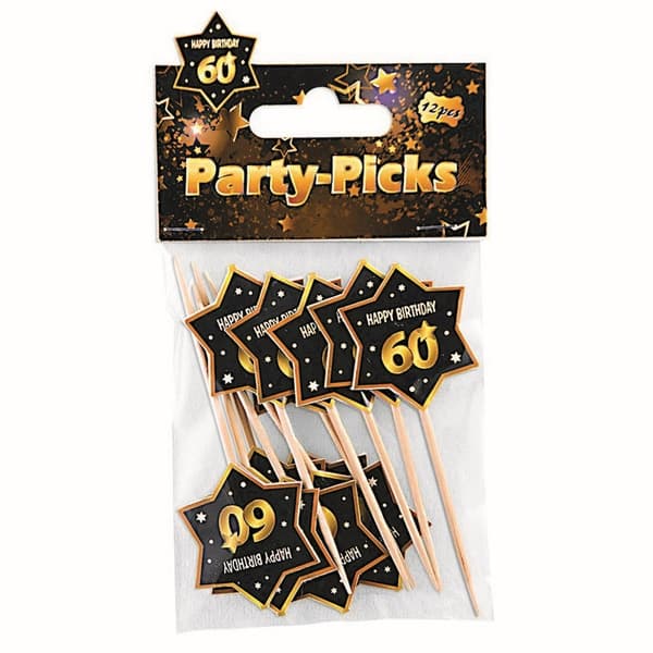 Bristol Novelty 60th Birthday Party Picks (Pack Of 12) Black/Gold One Size