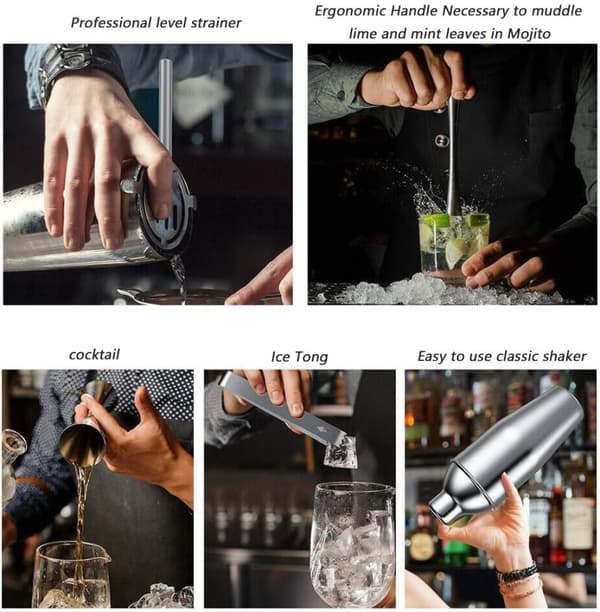 5-osainen ruostumattomasta teräksestä valmistettu cocktailsetti, jossa ravistin, siivilä, lusikka, mittalusikka ja jääpihdit, kotibaarisetti