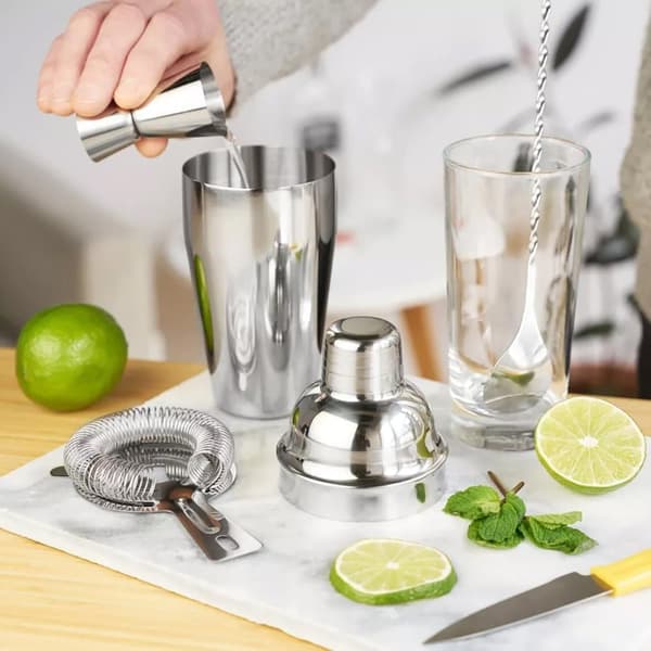 5-delt cocktailsæt i rustfrit stål – shaker, si, ske, måle- og istapp, barsæt til baren