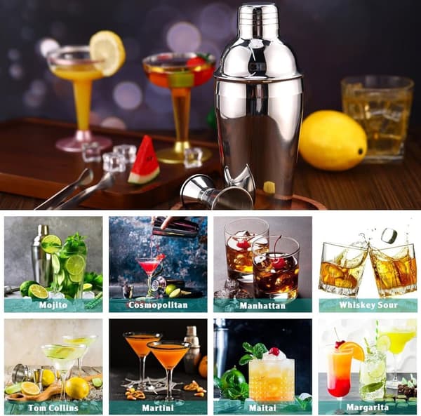 5-delt cocktailsæt i rustfrit stål – shaker, si, ske, måle- og istapp, barsæt til baren