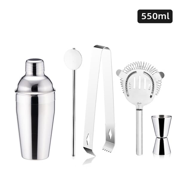 5-osainen ruostumattomasta teräksestä valmistettu cocktailsetti – ravistin, siivilä, lusikka, mitta ja jääpuikko, baarisetti baariin 550ML