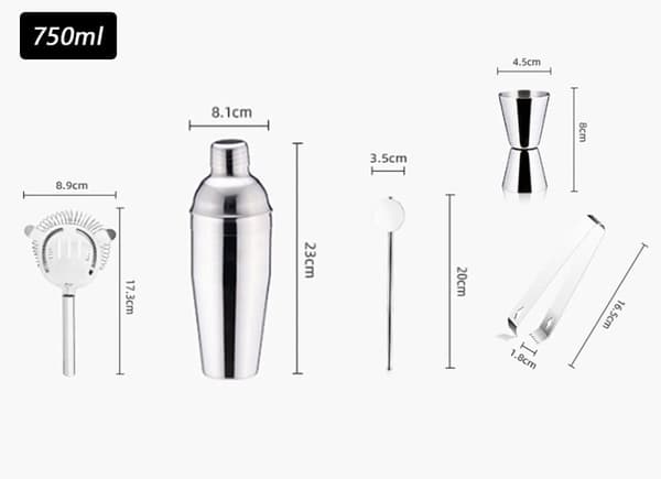 5-delars Cocktailset i Rostfritt Stål – Shaker, Sil, Rörsked, Mått & Istång, Barset för Baren