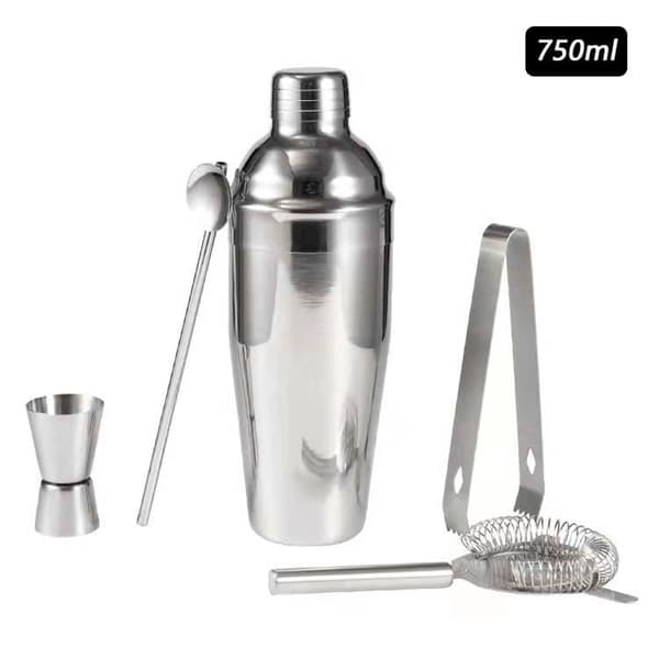 5-delars Cocktailset i Rostfritt Stål – Shaker, Sil, Rörsked, Mått & Istång, Barset för Baren