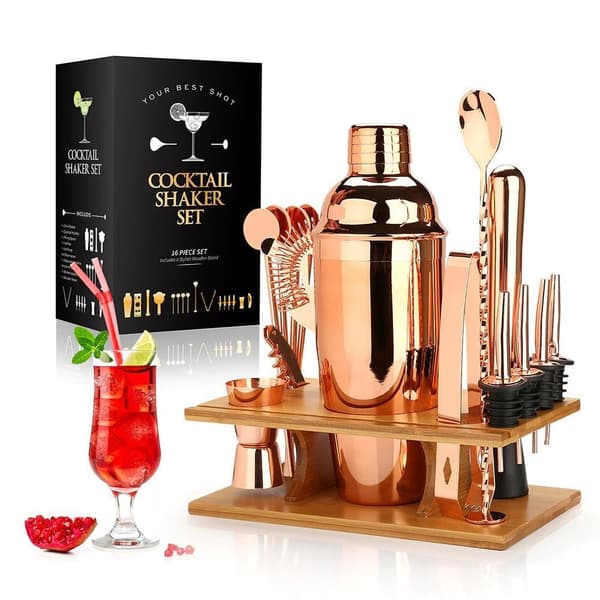 16st allt-i-ett bartenderkit med snyggt bambuställ, cocktailtillverkningssats, verktyg för cocktailbartending