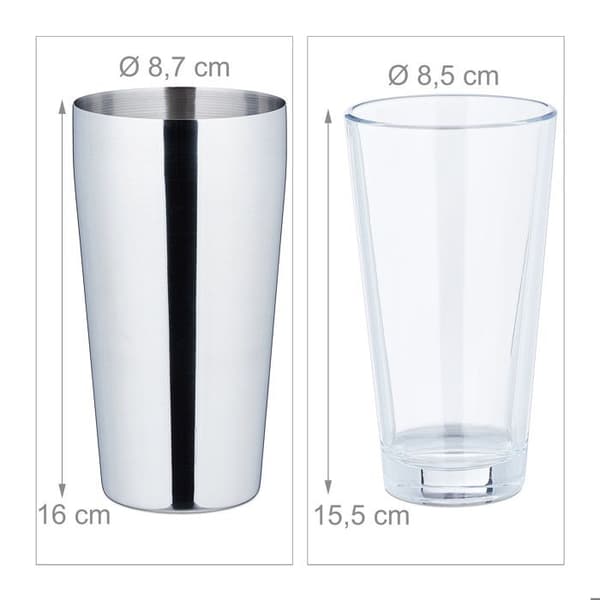 Relaxdays Boston cocktailshaker, 2-delad mixer, 400 och 600 ml, rostfritt stål och glas, proffsig, silver/genomskinlig