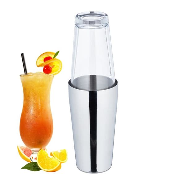Relaxdays Boston cocktailshaker, 2-delad mixer, 400 och 600 ml, rostfritt stål och glas, proffsig, silver/genomskinlig