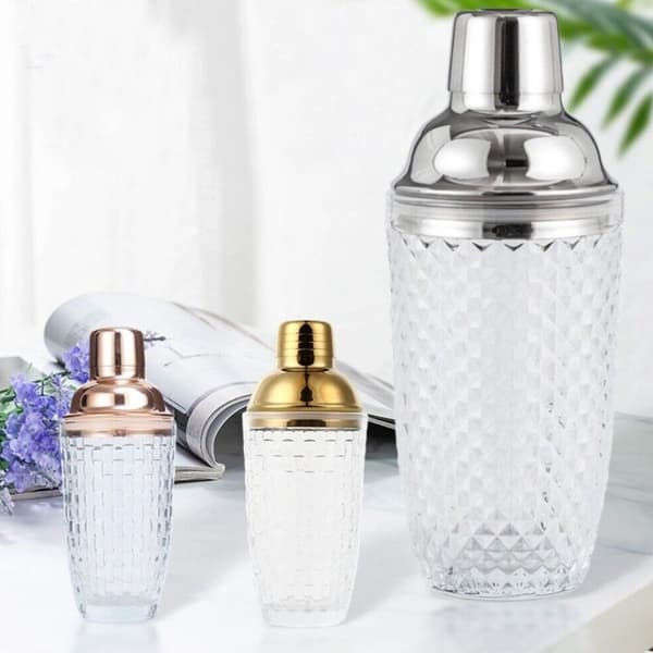 385 ml Cocktail Shaker kudottu rakennelasi + kansi ruostumattomasta teräksestä valmistettuun kuppiin