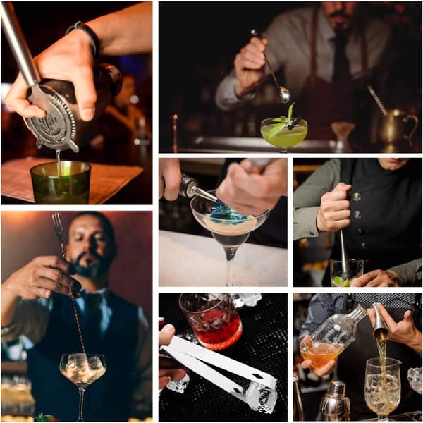 Cocktailsæt i rustfrit stål i 12 dele med bambusstativ, bar og hjemmesæt, perfekt som gave