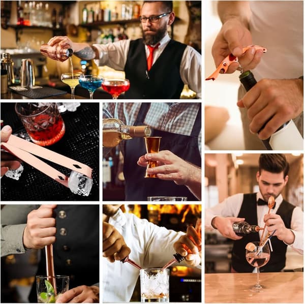 Cocktailsæt i rustfrit stål i 12 dele med bambusstativ, bar og hjemmesæt, perfekt som gave