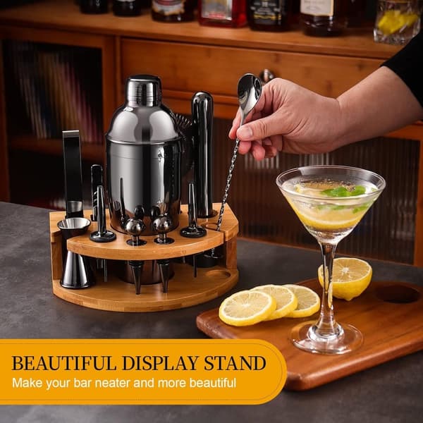 Cocktailsæt i rustfrit stål i 12 dele med bambusstativ, bar og hjemmesæt, perfekt som gave