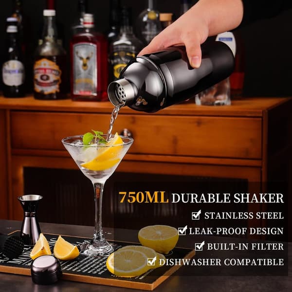 Cocktailsæt i rustfrit stål i 12 dele med bambusstativ, bar og hjemmesæt, perfekt som gave
