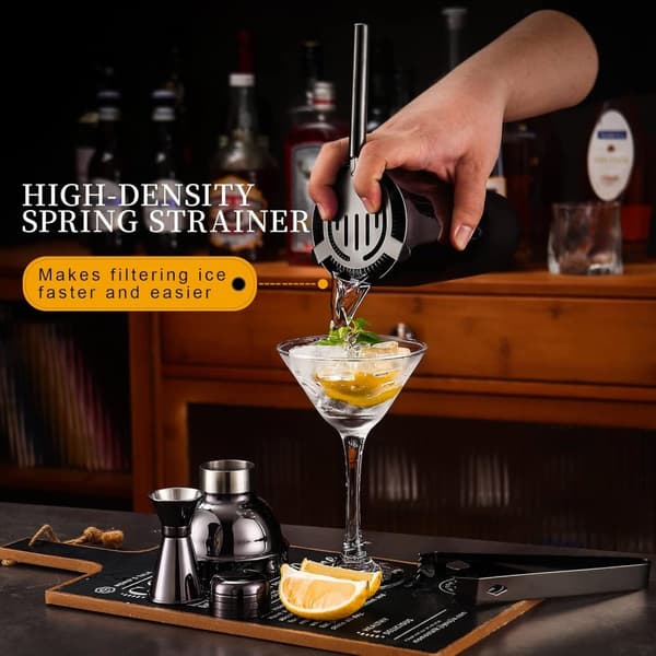Cocktailsæt i rustfrit stål i 12 dele med bambusstativ, bar og hjemmesæt, perfekt som gave