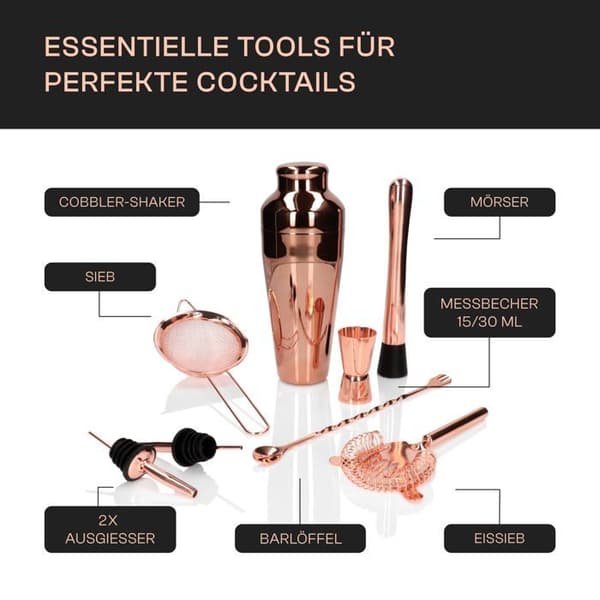 Shaker - agitator - whiskey rocks cocktailset Bartender 8 el Parisien Shaker - koppar