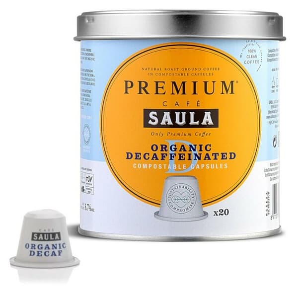 Kahvikapselit laatikossa Saula COMPOSTABLE ORG.DECAF