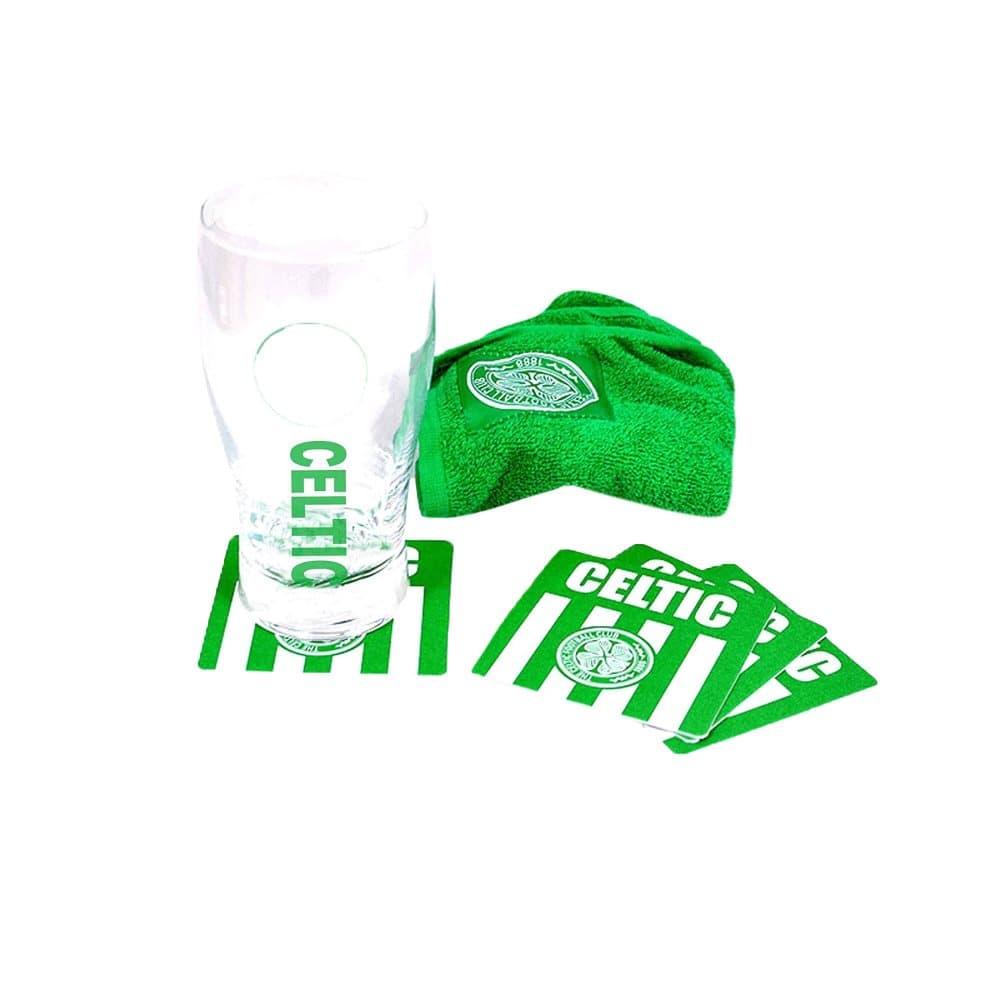 Celtic FC Officiell Wordmark Mini Football Bar Set (pintglas, handduk och ölmattor)
