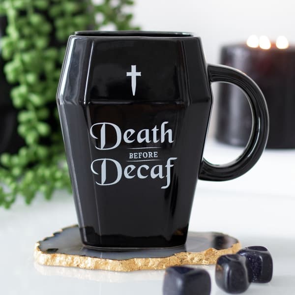 Something Different Death Before Decaf Coffin Mug