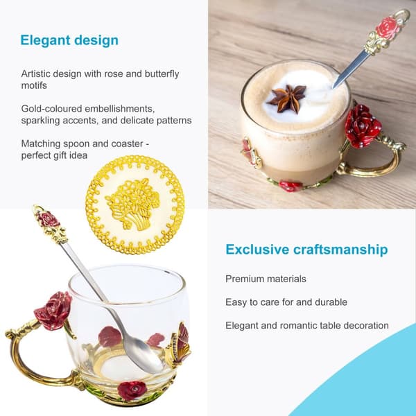 Sommerfugl Tekopp Blomsterkopp Kaffekopp 250 ml laget av varmebestandig glass Sett med skje i gull - rød - lilla - Perfekt gave til mors dag, bursdag,
