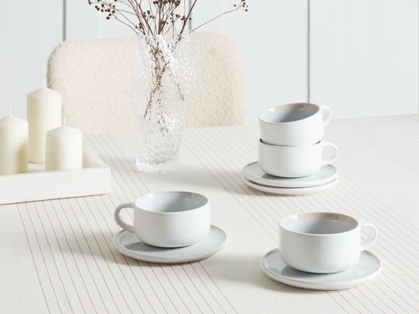 Sett med 4 kopper med skål Hvit Steintøy Kaolin Håndlaget Reaktiv glasur Servise Tekopper Kaffekopper