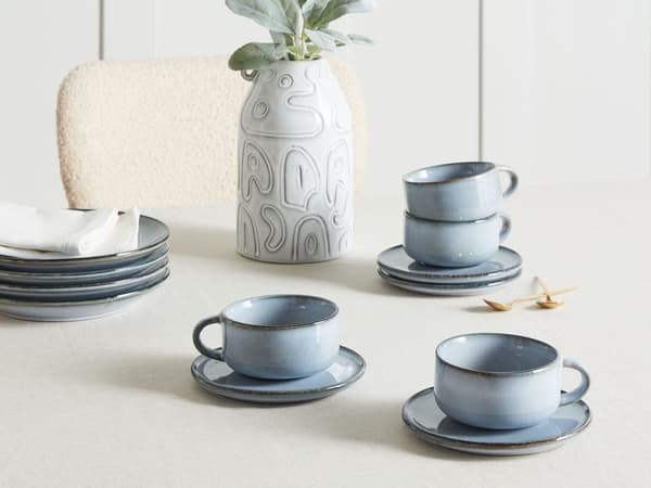 Set med 4 Koppar med Fat Ljusblått Stengods Kaolin Handgjord Reaktiv Glasyr Finish Service för 4 Personer Te Kaffe Kök Matsal