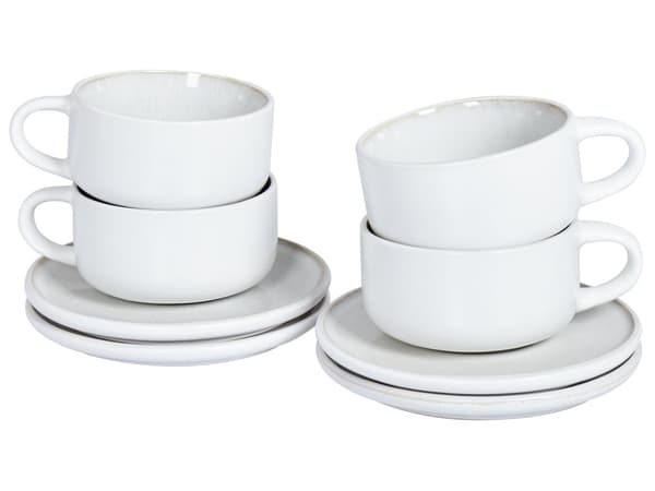 Set med 4 Koppar med Fat Vitt Stengods Kaolin Handgjord Reaktiv Glasyr Finish Service för 4 Personer Te Kaffe Kök Matsal