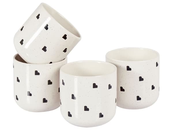 Set med 4 Muggar Vitt Stengods Kaolin Handgjort Reaktiv Glasyr Finish Hjärtmönster Kök Matsal