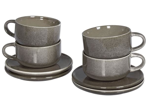 Set med 4 Koppar med Fat Grå Stengods Kaolin Handgjord Reaktiv Glasyr Finish Service för 4 Personer Te Kaffe Kök Matsal