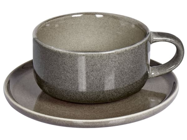 Sæt med 4 kopper med skål Gråt stentøj Kaolin Håndlavet Reaktiv glasur Bordservice Tekopper Kaffekopper