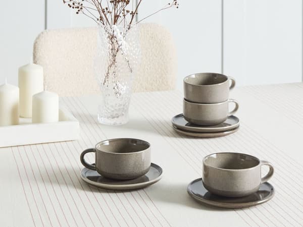 Sæt med 4 kopper med skål Gråt stentøj Kaolin Håndlavet Reaktiv glasur Bordservice Tekopper Kaffekopper