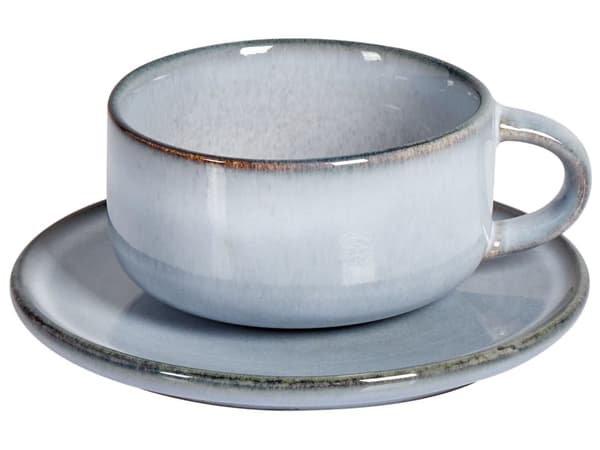 Sæt med 4 kopper med skål Lyseblå stentøj Kaolin Håndlavet Reaktiv glasur Bordservice Tekopper Kaffekopper