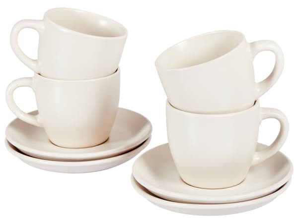 Sæt med 4 kopper med skål Hvidt stentøj Kaolin Håndlavet Reaktiv glasur Porcelæn Tekopper