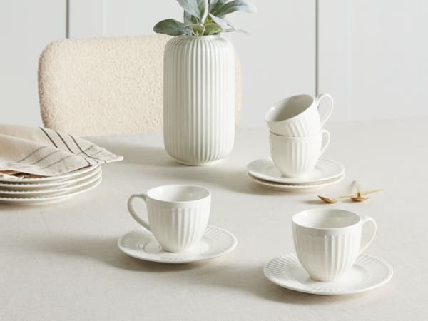Sæt med 4 kopper med skål Hvid Porcelæn Kaolin Håndlavet Blank finish Service Tekopper