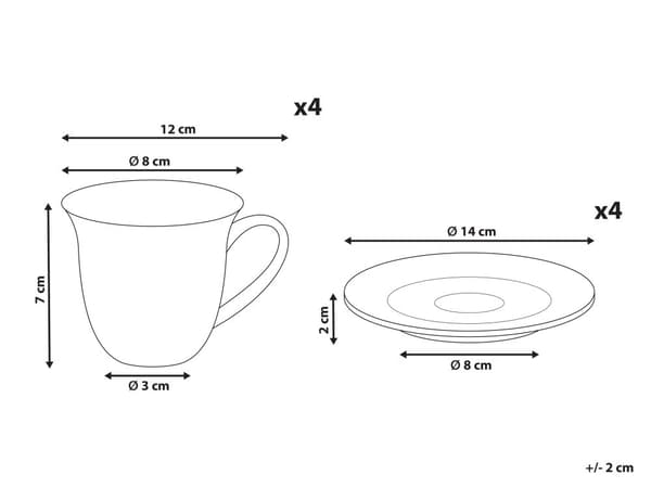 Sett med 4 kopper med skåler Hvit Porselen Blank finish Servise for 4 personer Kaffekopp Tekopp