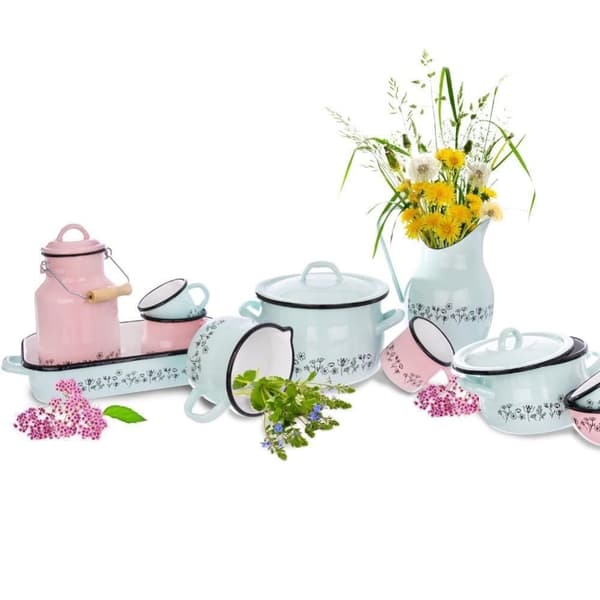 Retro emaljeret kruspotte, 0,4 l, blomster, pink