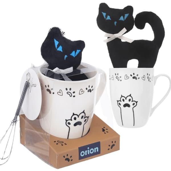 Krus med hank til kaffe te kakao keramisk indretning kat maskot killing sæt med 3 elementer