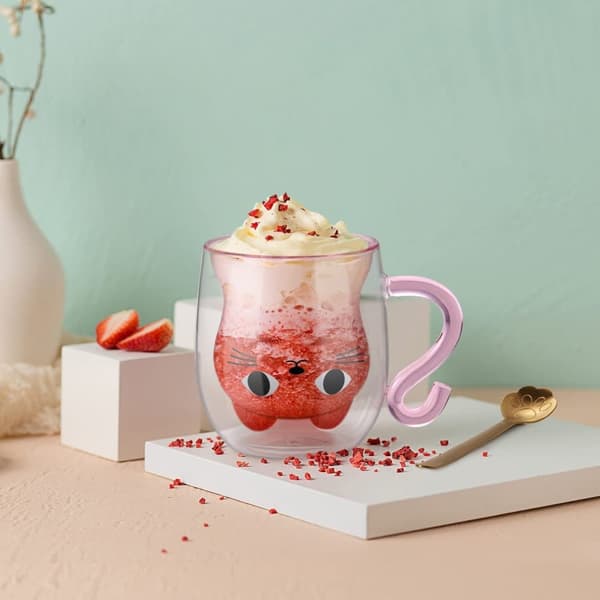 Latte Macchiato kaksiseinäinen lasikuppi, 290 ml söpö kissan kahvikuppi, täydellinen lahja naisille ja lapsille