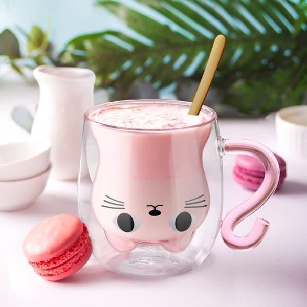 Latte Macchiato kaksiseinäinen lasikuppi, 290 ml söpö kissan kahvikuppi, täydellinen lahja naisille ja lapsille