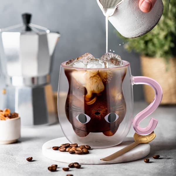 Latte Macchiato kaksiseinäinen lasikuppi, 290 ml söpö kissan kahvikuppi, täydellinen lahja naisille ja lapsille