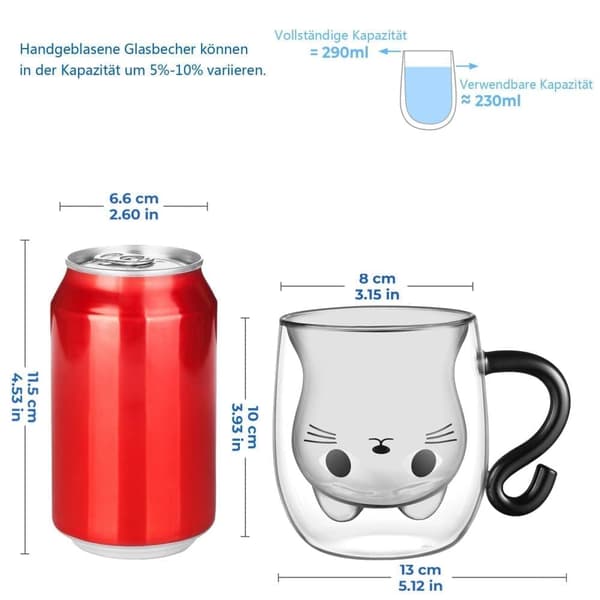 Latte Macchiato kaksiseinäinen lasikuppi, 290 ml söpö kissan kahvikuppi, täydellinen lahja naisille ja lapsille