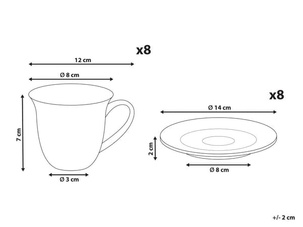 Sett med 8 kopper med skål Hvit Steintøy Kaolin Håndlaget Reaktiv glasur Servise Tekopper Kaffekopper
