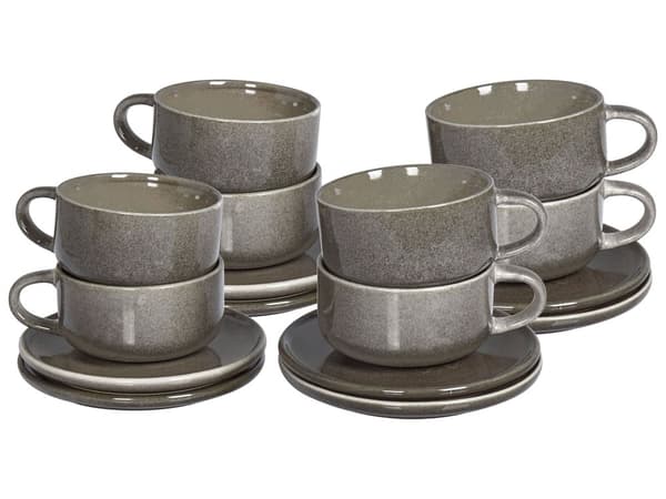 Sett med 8 kopper med skål Grå Steintøy Kaolin Håndlaget Reaktiv glasur Servise Tekopper Kaffekopper