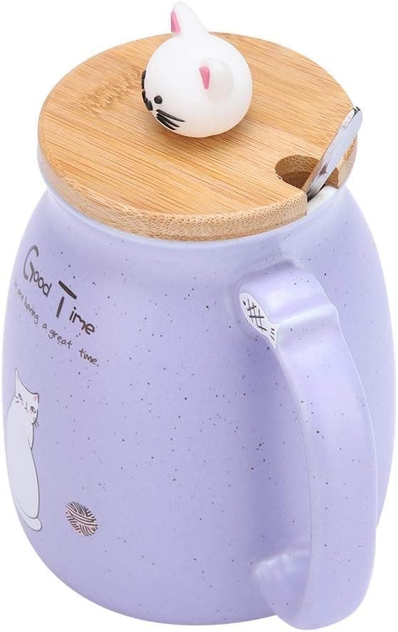 OBOSOE Kattmugg Söt Keramisk Kaffekopp, Nyhet Morgonmugg med Trälock och Rostfritt Stål för Te, Mjölk, 450 ml