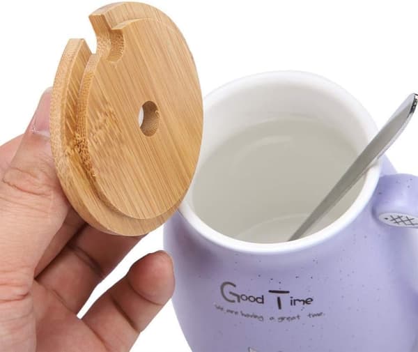 OBOSOE Kattmugg Söt Keramisk Kaffekopp, Nyhet Morgonmugg med Trälock och Rostfritt Stål för Te, Mjölk, 450 ml