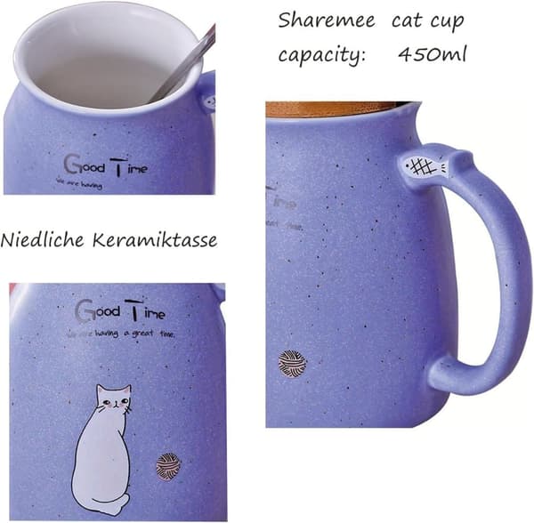 OBOSOE Kattmugg Söt Keramisk Kaffekopp, Nyhet Morgonmugg med Trälock och Rostfritt Stål för Te, Mjölk, 450 ml