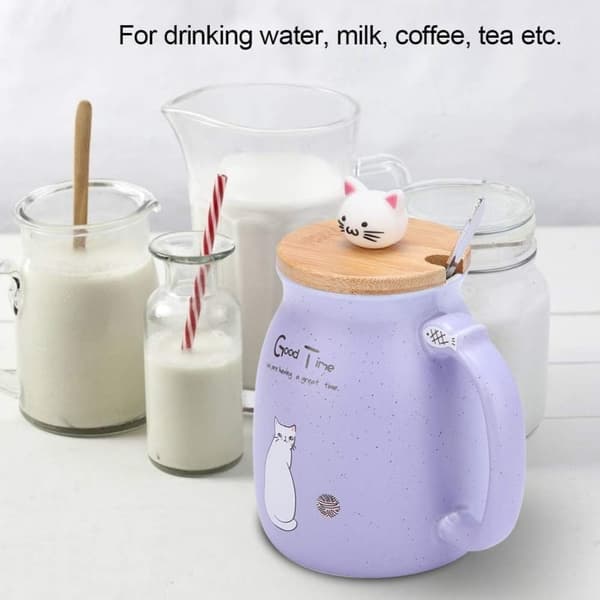 OBOSOE Kattmugg Söt Keramisk Kaffekopp, Nyhet Morgonmugg med Trälock och Rostfritt Stål för Te, Mjölk, 450 ml