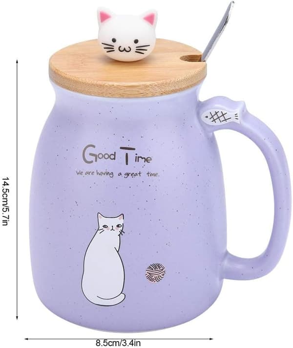 OBOSOE Kattmugg Söt Keramisk Kaffekopp, Nyhet Morgonmugg med Trälock och Rostfritt Stål för Te, Mjölk, 450 ml